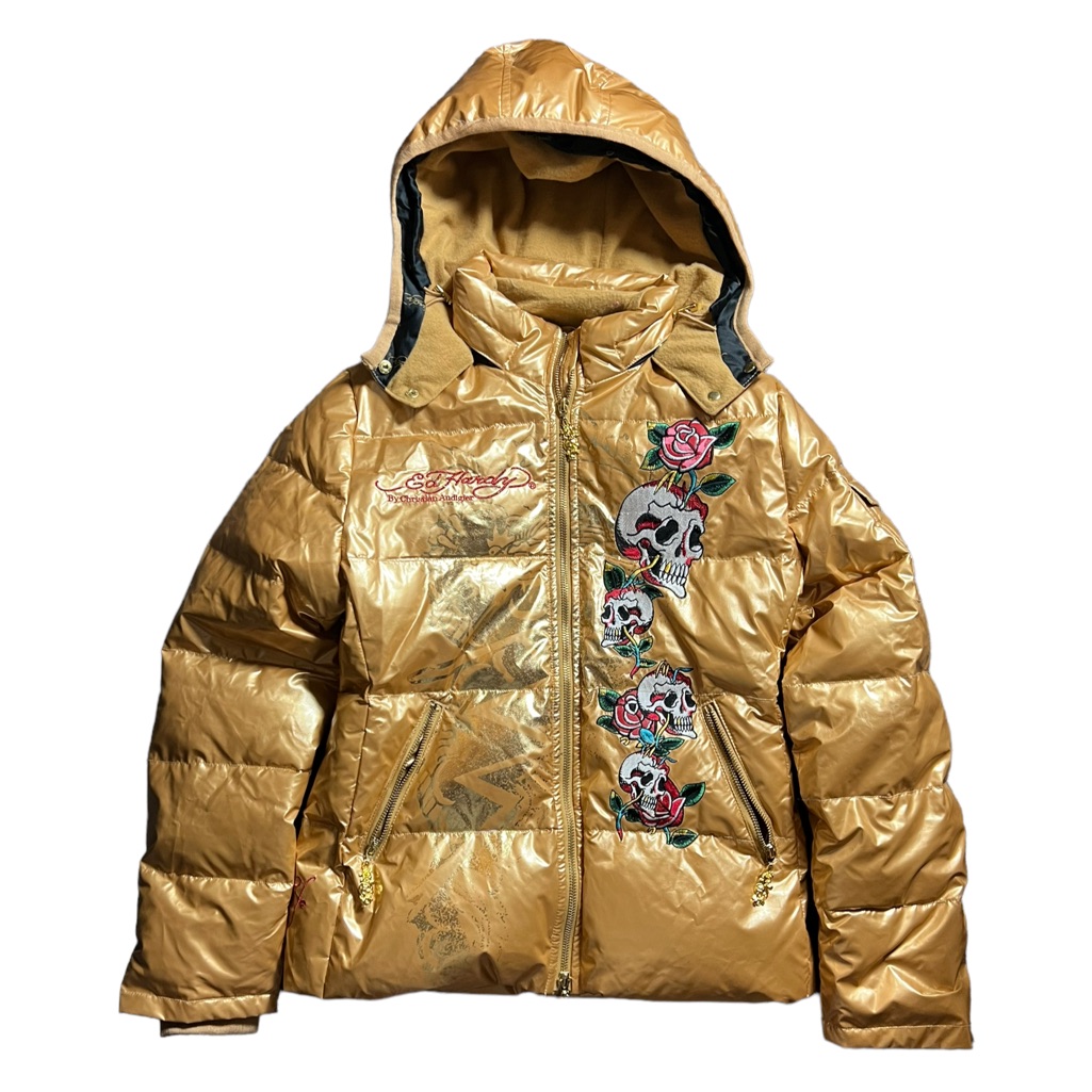 Size Small. Ed Hardy By Christian Andigier. Y2k Vintage Rare Gold Puffer Jacket